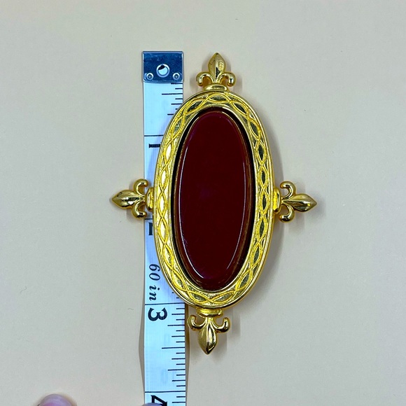 Vintage Monet Signed Gold and Burgundy Fleur De Lis Chunky Brooch - Picture 5 of 7